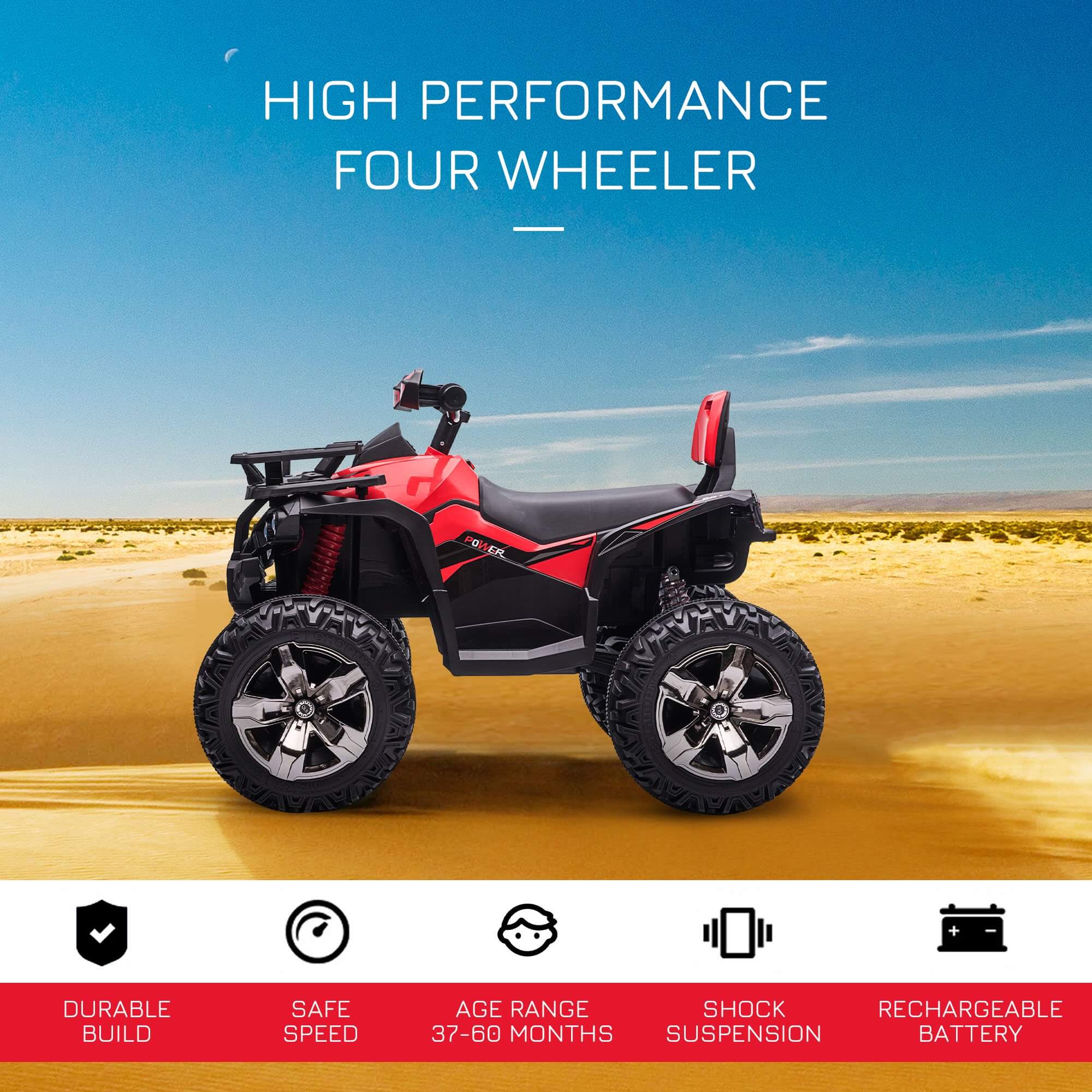 Megastar Ride on 12V Kids Battery-Powered Outlander ATV Quad with  Wide Wheels & Back rest-Red