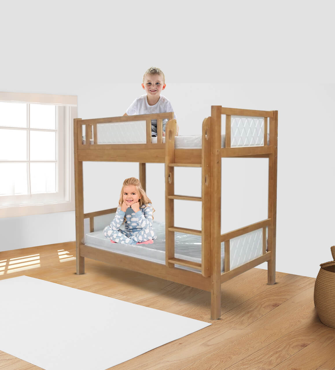 Meagstar Wooden Finish oak Bunk bed for kids With Ladder-Brown