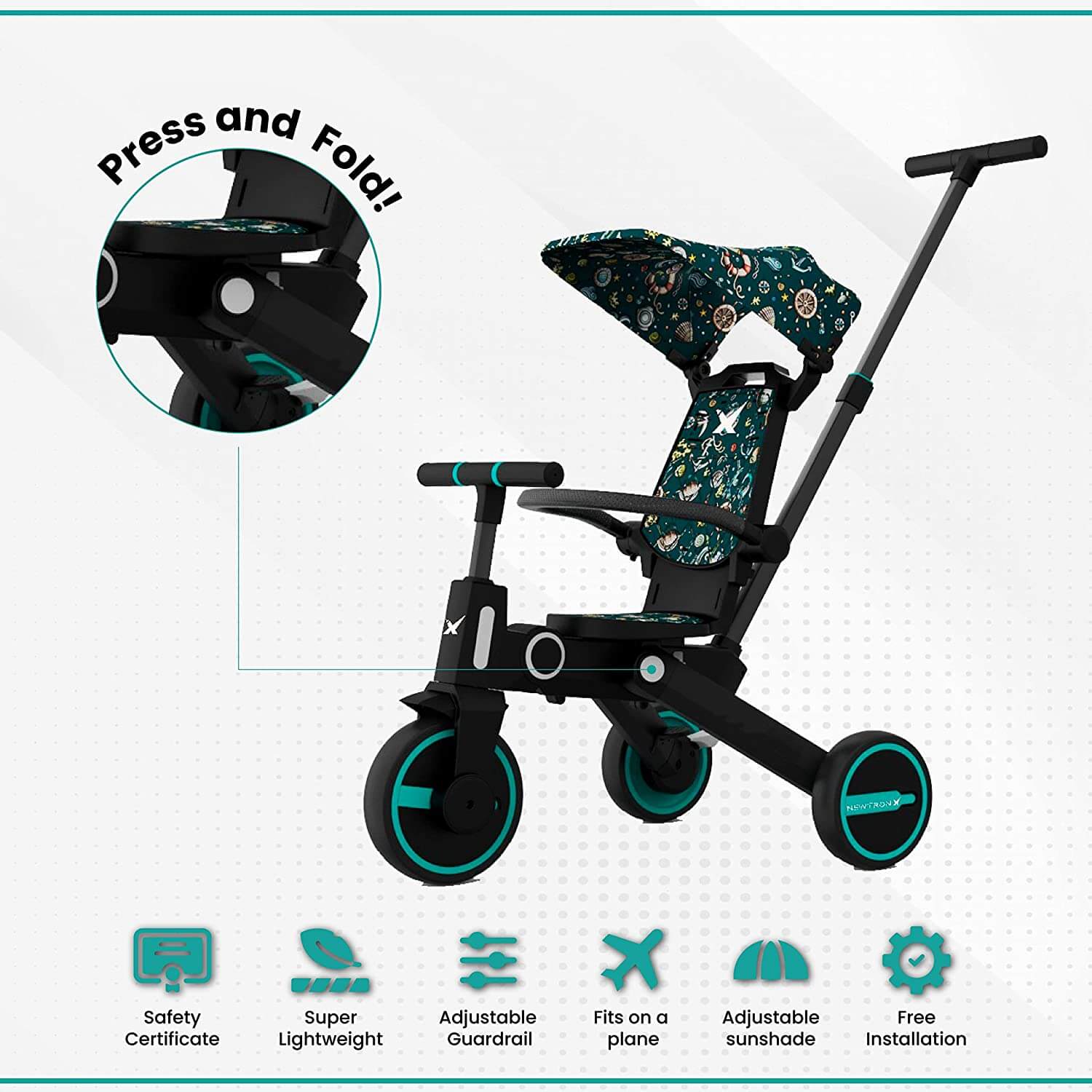 Megastar 7 in 1 Foldable & Reversible  Tricycle Stroller for Toddler-Blue