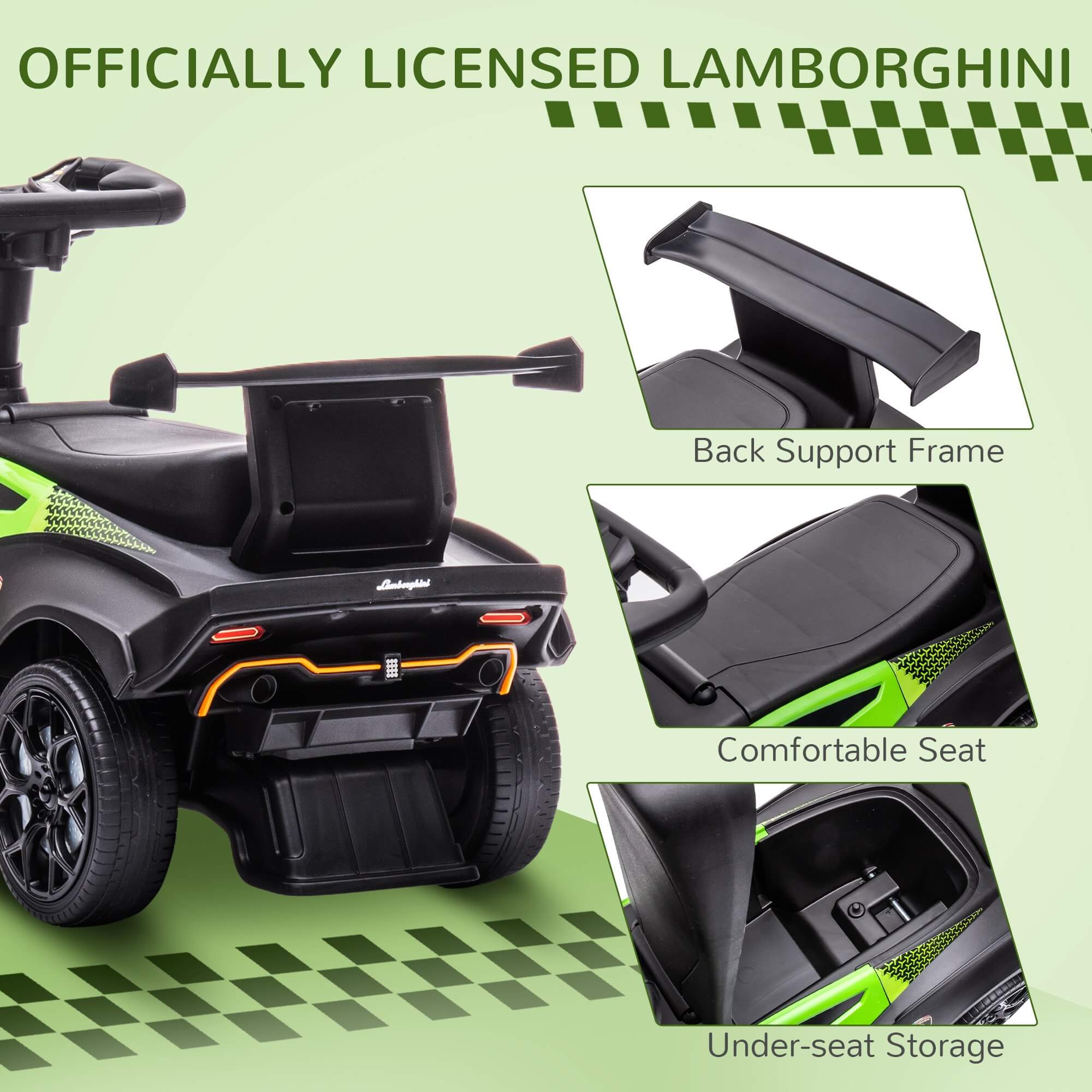 Megastar Ride on  Licensed Lamborghini Signature  Push-Along Stroller with Horn Engine Sound and Steering Wheel-Green