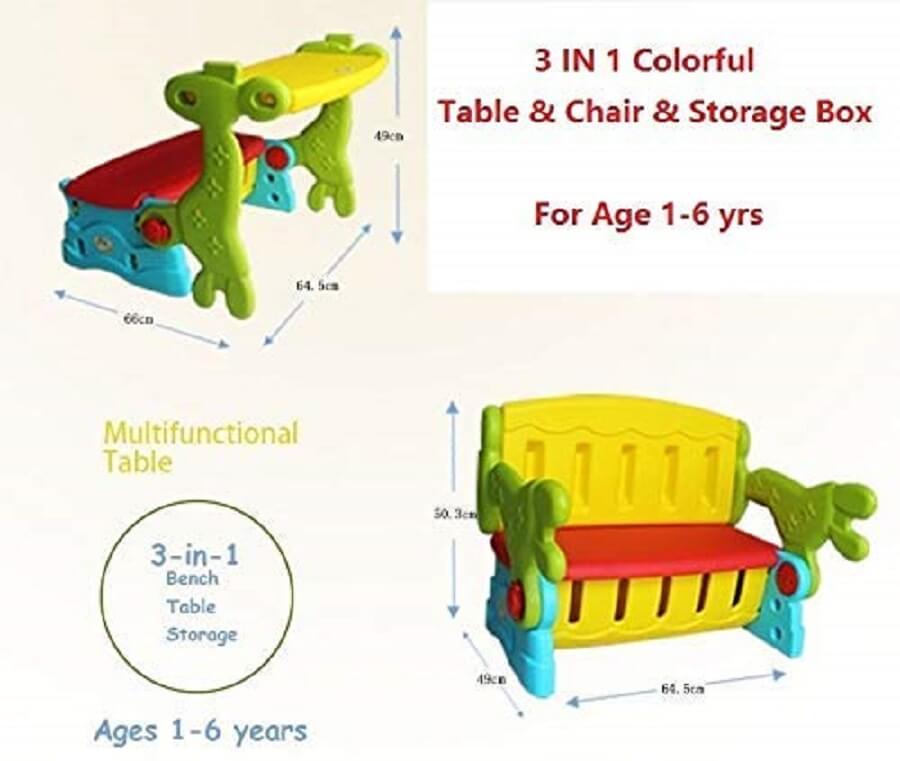 Megastar Quickflip 2 in 1 Study Table Chair Set Desk for Kids Cum Park bench with Toy Box Dual Seater, Multicolour