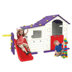 White pink and purple  indoor  Playhouse with  Extra play cabin With play Slide & basketball hoop  