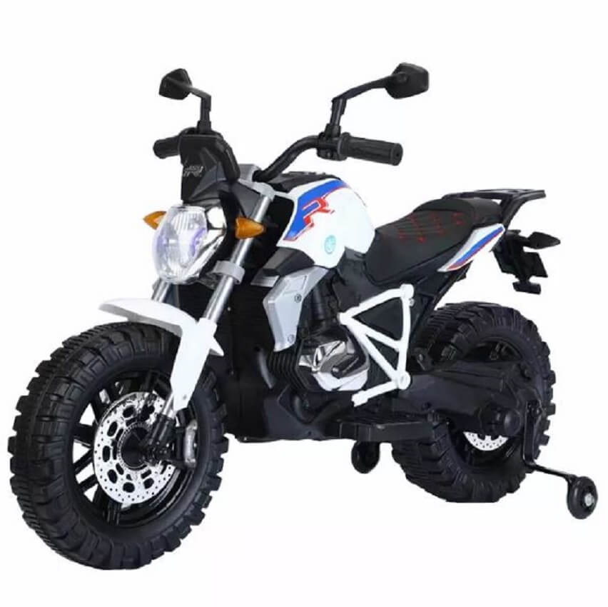 Megastar Ride on 12 v Crossover Electric Motorbike  With Training wheels -White