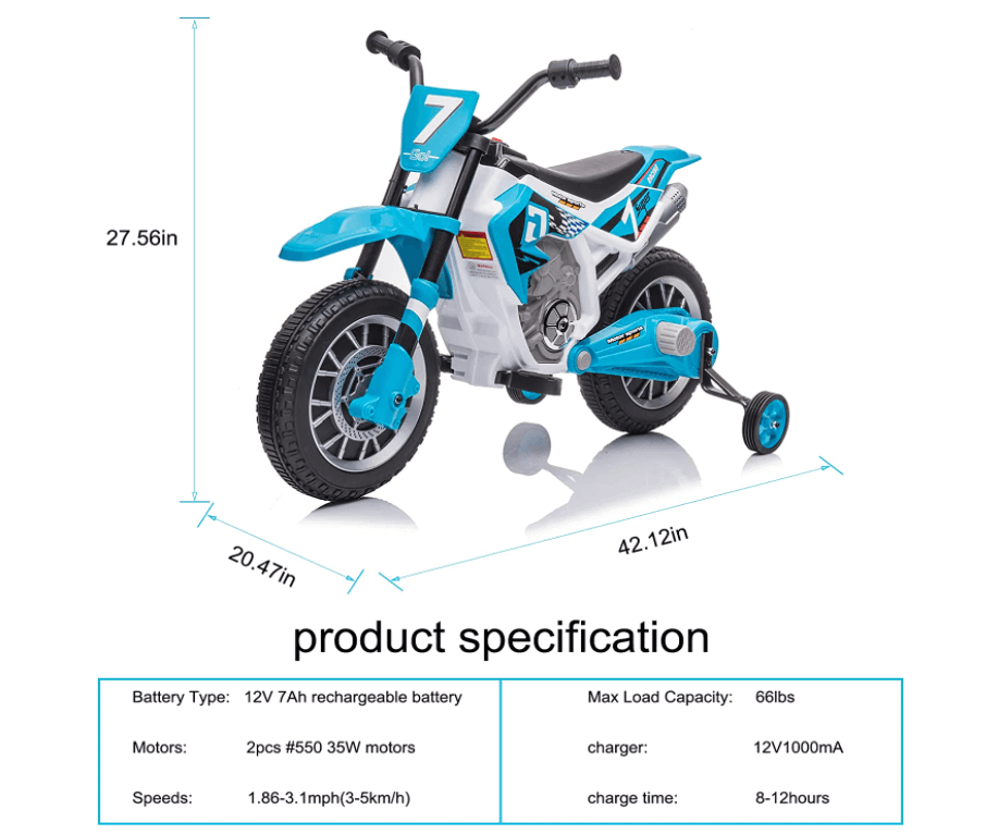 Megastar 12V Kids Motorcycle Electric Dirt Bike Battery Powered Ride On Motorcycle Toy for Toddler - Blue 