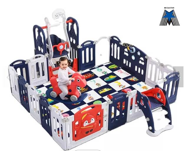 Megastar Extra Large  Fun & Fold Baby Playpen Kids Multiple Activity Centre With slide , swing , rocking horse and basketball hoop, shelf and ball pool - Blue