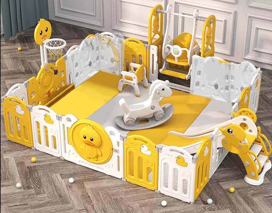 Megastar Extra Large  Fun & Fold Baby Playpen Kids Multiple Activity Centre With slide , swing , rocking horse and basketball hoop, shelf and ball pool - Yellow
