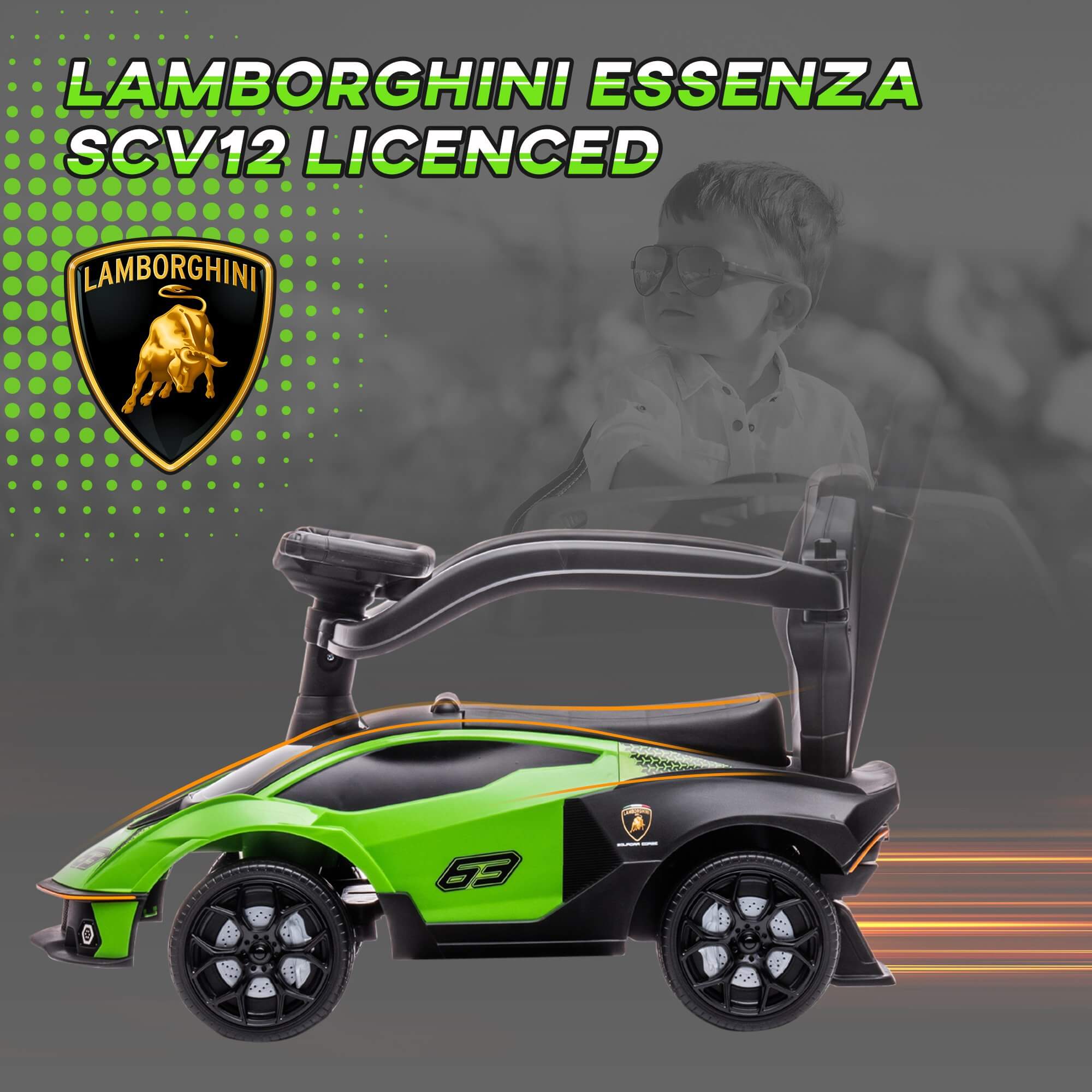 Megastar Ride on 2-IN-1 Licensed Lamborghini Signature  Push-Along Stroller with Horn Engine Sound and Steering Wheel with Parental Handle