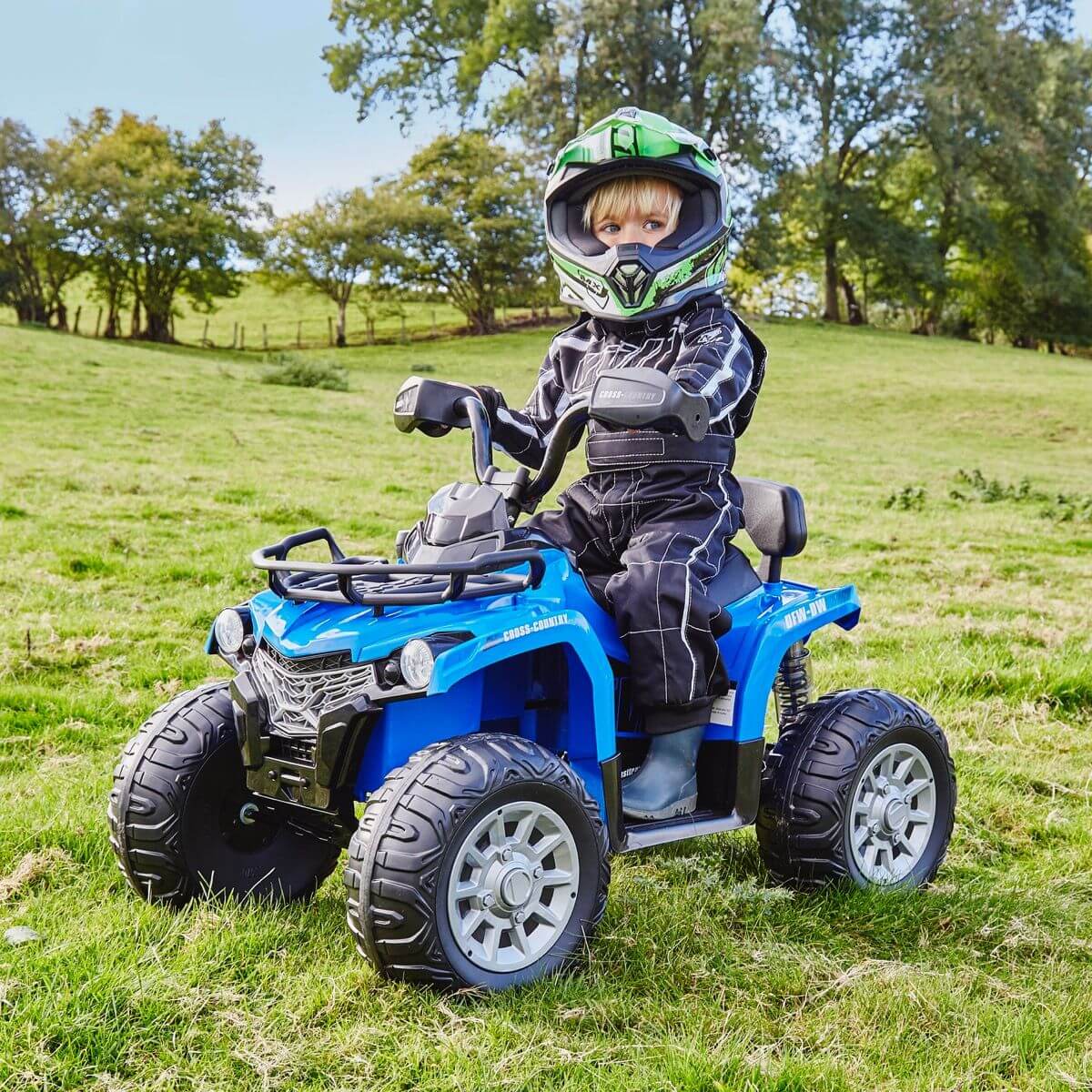 Blue Electric Ride On Kids Quad Bike With Leather Seats Mat 12V Side